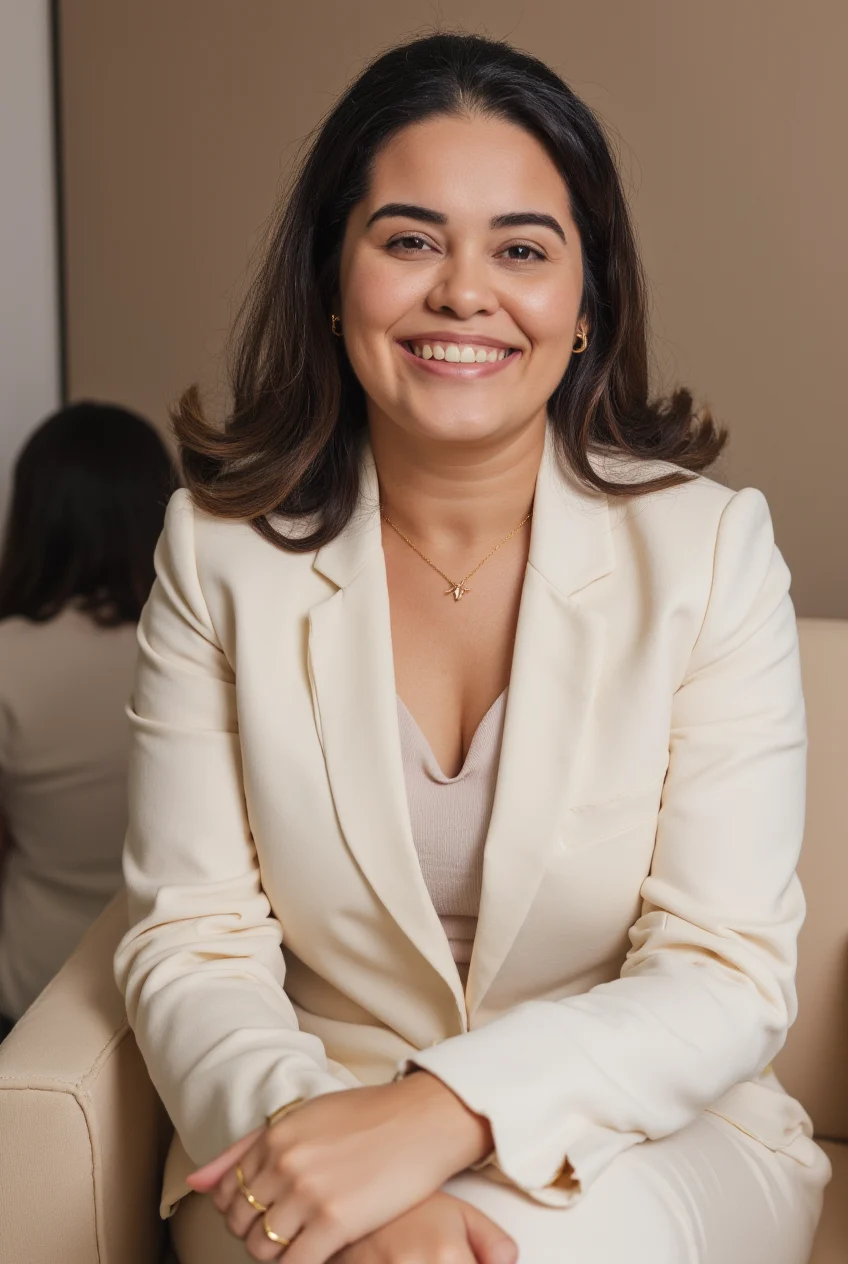 Marcella Mendes sorrindo, de blazer creme