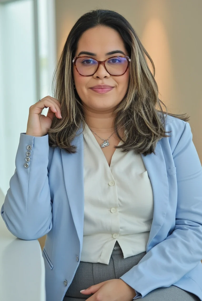 Marcella Mendes, contadora, de blazer azul, olhando para a câmera