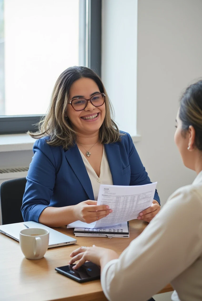 Marcella Mendes atendendo uma cliente, revisando documentos sobre a mesa